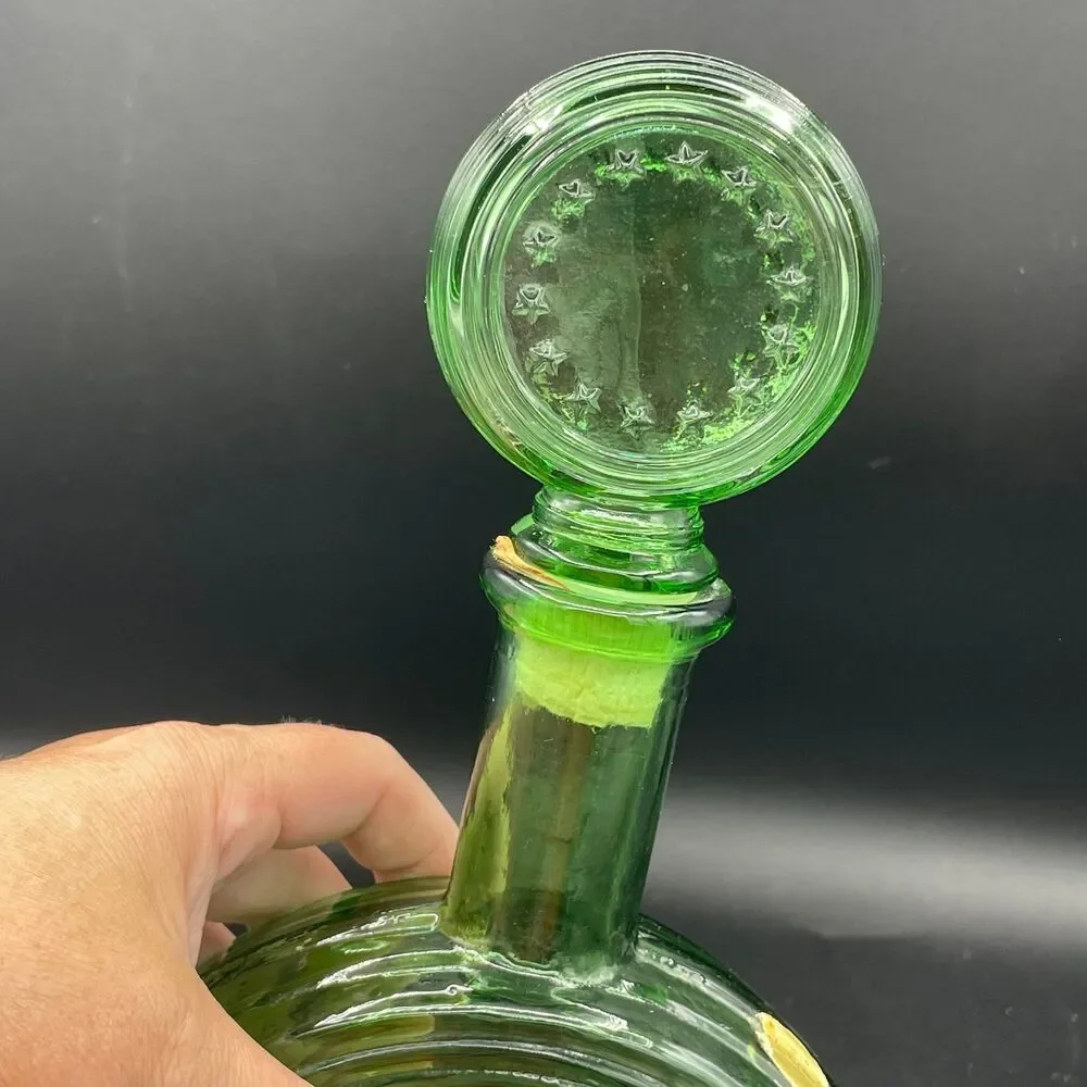 Vintage Green Glass Ribbed Decanter Bottle Empoli Made In Italy Star Top Stopper